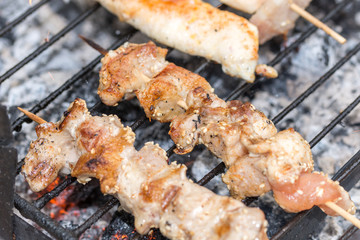 Chicken white meat kebabs on the grill