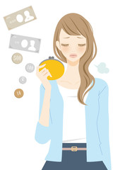 現金を持つ若い女性　ため息