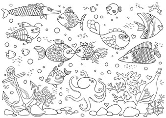Coloring of underwater world. Aquarium with fish, octopus, corals, anchor, shells, stones, bottle with sailboat.
