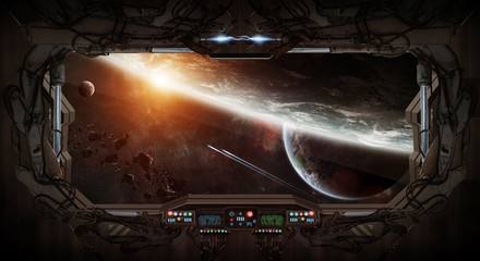 Obraz premium Window view of space and planets from a space station
