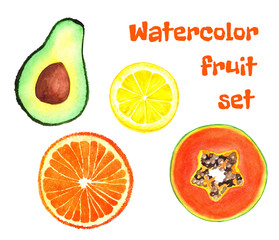 Set of hand-painted watercolor fruit. Avocado, lemon, papaya, orange isolated