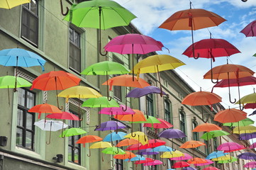 Street decorated with colorful umbrellas