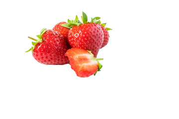 Bite red strawberry on a white background.