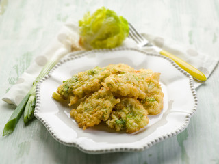 croquette with leek and lettuce, selective focus