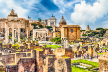 Fototapeta na wymiar Scenic view over the Roman Forum, Italy. Tilt-shift effect applied