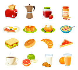 Set of cartoon food: breakfast. Toaster/coffee pot/jam/peanut butter/fried eggs and bacon/pancakes/waffles/cornflakes/sandwich/bun/croissant/fruits/juice and so. Vector illustration isolated on white.