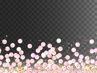 Seamless border of pink realistic confetti and gold glitter, design template for gift, certificate, voucher, AD brochure and so. Colorful vector illustration isolated on transparent background.