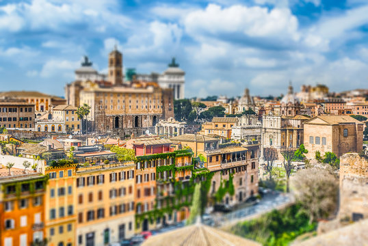 Aerial view of Rome city centre. Tilt-shift effect applied