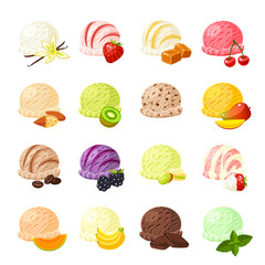 Set of cartoon food: ice cream with different flavours - vanilla, strawberry, caramel, cherry, banana, kiwi, mango, coffee, blackberry, chocolate and so. Vector illustration, isolated on white.