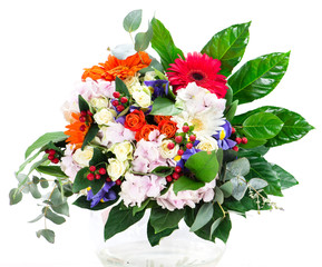 colorful bouquet with hydrangea, anthurium, gerbera, rose and ir
