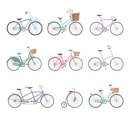 Set of retro bicycles on white background