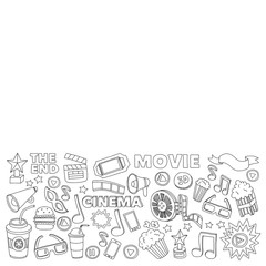 Cinema icons set. Cinema pattern. Cinema icons. Cinema background. Cinema set vector. Cinema set eps. Cinema texture. Cinema set. Filmmaking and movie hand drawn images.