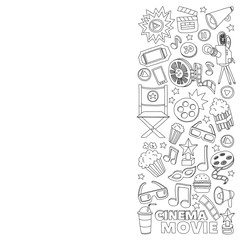 Cinema icons set. Cinema pattern. Cinema icons. Cinema background. Cinema set vector. Cinema set eps. Cinema texture. Cinema set. Filmmaking and movie hand drawn images.