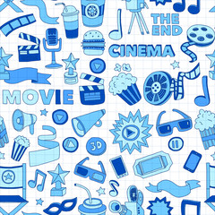 Cinema icons set. Cinema pattern. Cinema icons. Cinema background. Cinema set vector. Cinema set eps. Cinema texture. Cinema set. Filmmaking and movie hand drawn images.