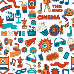 Cinema icons set. Cinema pattern. Cinema icons. Cinema background. Cinema set vector. Cinema set eps. Cinema texture. Cinema set. Filmmaking and movie hand drawn images.