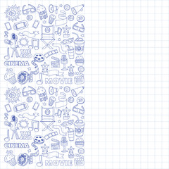 Cinema icons set. Cinema pattern. Cinema icons. Cinema background. Cinema set vector. Cinema set eps. Cinema texture. Cinema set. Filmmaking and movie hand drawn images.