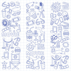Cinema icons set. Cinema pattern. Cinema icons. Cinema background. Cinema set vector. Cinema set eps. Cinema texture. Cinema set. Filmmaking and movie hand drawn images.
