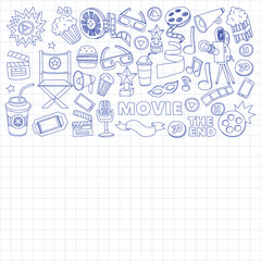 Cinema icons set. Cinema pattern. Cinema icons. Cinema background. Cinema set vector. Cinema set eps. Cinema texture. Cinema set. Filmmaking and movie hand drawn images.