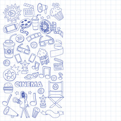 Cinema icons set. Cinema pattern. Cinema icons. Cinema background. Cinema set vector. Cinema set eps. Cinema texture. Cinema set. Filmmaking and movie hand drawn images.