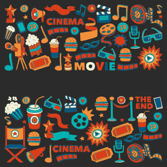 Fototapeta na wymiar Cinema icons set. Cinema pattern. Cinema icons. Cinema background. Cinema set vector. Cinema set eps. Cinema texture. Cinema set. Filmmaking and movie hand drawn images.
