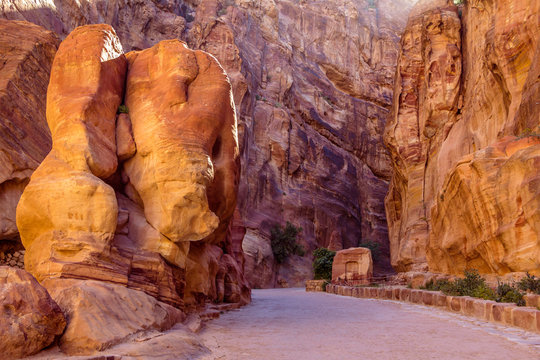 The elephant rock in Siq Canyon, the narrow slot-canyon that serves as the entrance passage to the hidden city of Petra, Jordan,  an UNESCO World Heritage Site