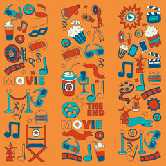 Cinema icons set. Cinema pattern. Cinema icons. Cinema background. Cinema set vector. Cinema set eps. Cinema texture. Cinema set. Filmmaking and movie hand drawn images.