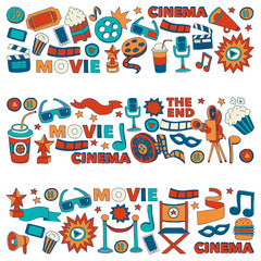 Cinema icons set. Cinema pattern. Cinema icons. Cinema background. Cinema set vector. Cinema set eps. Cinema texture. Cinema set. Filmmaking and movie hand drawn images.