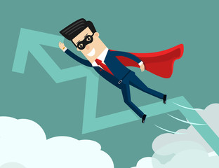 Uptrend. Super businessman with growing graph. Success business concept cartoon illustration.