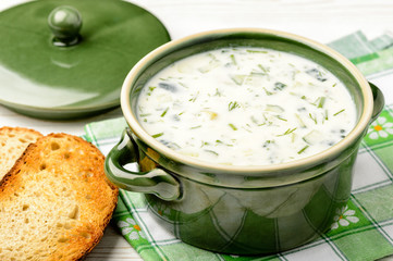 Cold summer soup with vegetables and yogurt (okroshka). Russian cuisine.