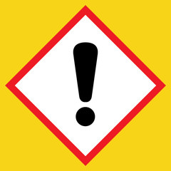 Exclamation point black sign. Hazard attention post icon on white background in a red rhombus, isolated on a yellow. Symbol of warning, caution, danger or risk. Flat style. Stock vector illustration