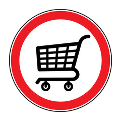 No Shopping Cart Sign. Red round No Shopping Cart icon. Illustration of a forbidden signal. No trolley allowed symbol. Prohibited symbol isolated on white background. Flat design. Stock Vector