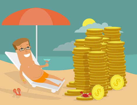 Successful businessman resting on the beach in front of his money. Success business concept cartoon illustration.