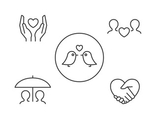 Obraz premium Love icons. Hands holding heart, love birds, hands in heart shape, lovers sharing an umbrella.