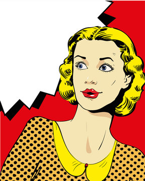 Woman with speech bubble. Vector illustration in comics retro pop art style