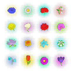 Flower icons set, pop-art style 