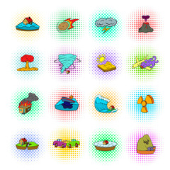 Natural disaster icons set, pop-art style