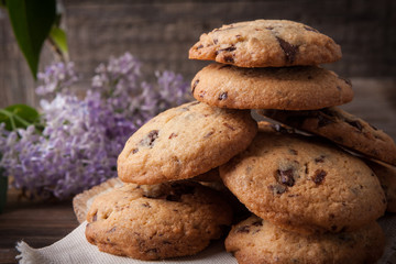 Stack of cookies with glass of milk