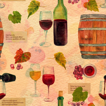 Seamless watercolor wine pattern with drawings and texts