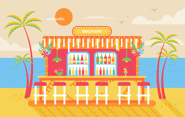 illustration of happy sunny summer day beach, bar counter, barstools for recreation on island, bright sun, palm trees in flat style