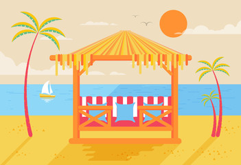 Fototapeta premium illustration of happy sunny summer day at beach with bungalows for recreation on island, bright sun, palm trees in flat style