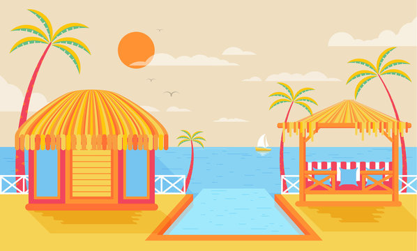 illustration of happy sunny summer day at beach, bungalows on water, island with infinity pool, palm trees in flat style