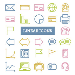 Set of coloful linear web icons: business, media, communication