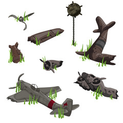 Wreckage of a warship and bomb, military theme