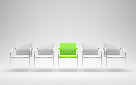 One Different Green Chair In 3D Render Of Modern Waiting Room