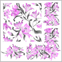 Set with seamless pattern, frieze, corner and other elements.  Pink watercolor lilies. Watercolor flowers. Spring and summer motifs. Can be used for any your design.