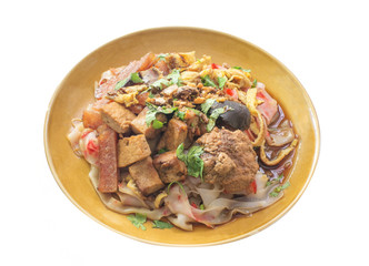 china noodle mixed with egg, sausage, pork, mushroom and tofu