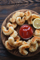 Above view of king shrimps roasted in panko breadcrumbs