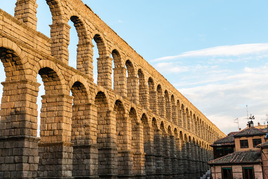 Roman aqueduct of Segovia at dusk