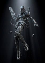 Cyborg girl flying with a weapon in her hand © roman3d
