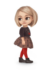 Sweet little cartoon girl in fashionable clothes on a white background